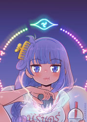 Rule 34 | 1girl, absurdres, alternate costume, blunt bangs, blush, braid, casual, commentary, controller, cup, disposable cup, drinking straw, dual wielding, dualshock, english commentary, game controller, gamepad, genshin impact, gimme2000, hair ornament, halo, highres, holding, holding controller, holding game controller, lightning, long hair, looking at viewer, low ponytail, playstation controller, purple eyes, purple hair, raiden shogun, shirt, short sleeves, sidelocks, single braid, solo, t-shirt, thai text, translation request