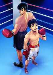 Rule 34 | 2boys, black hair, boxer, boxing gloves, boxing ring, boxing shorts, brown eyes, from above, hajime no ippo, looking at viewer, looking back, makunouchi ippo, male focus, multiple boys, muscular, muscular male, open mouth, pompadour, short hair, shorts, smile, takamura mamoru, teeth, toned, toned male, topless male, upper teeth only, yorita (kick knock)