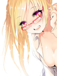 Rule 34 | 1girl, adjusting hair, bespectacled, blonde hair, breasts, cleavage, dress shirt, glasses, long hair, looking at viewer, mosho, naked shirt, open mouth, pangya, red eyes, shirt, smile, solo, spika (pangya)