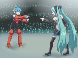 Rule 34 | 2girls, aqua eyes, aqua hair, arm armor, armor, bare shoulders, black leotard, black skirt, black sleeves, black thighhighs, blue hair, bow, chest armor, commentary, concert, detached sleeves, digiral, english commentary, full body, glowstick, grey shirt, hair bow, hair ornament, hatsune miku, headphones, high heels, high ponytail, leg armor, leotard, long hair, medium hair, meme, metal fighter miku, miku (metal fighter miku), miniskirt, multiple girls, name connection, penlight (glowstick), pleated skirt, pointing, pointing at another, pointing spider-man (meme), ponytail, shirt, skirt, sleeveless, sleeveless shirt, stage, standing, thighhighs, twintails, very long hair, vocaloid, yellow bow, zettai ryouiki