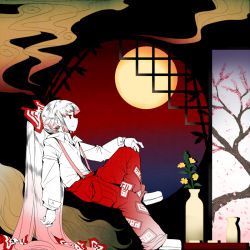 Rule 34 | architecture, bamboo, bow, cherry blossom print, choko (cup), cup, east asian architecture, floral print, flower, fujiwara no mokou, full moon, hair bow, hime cut, htangt, long hair, looking away, moon, pants, red eyes, red pants, sidelocks, sitting, smoke, suspenders, tokkuri, touhou, vase, very long hair, white hair, window