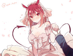 Rule 34 | 1girl, animal ears, bare shoulders, blurry, blush, breasts, bridal veil, bride, cleavage, demon tail, depth of field, detached sleeves, dress, heart, hand grab, ikeuchi tanuma, large breasts, looking at viewer, original, petals, pink dress, pov, red eyes, red hair, short hair, solo focus, tail, twitter username, veil, wedding dress