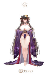 Rule 34 | 1girl, azur lane, breasts, brown hair, copyright name, feifeifeihai, full body, highres, huge breasts, japanese clothes, kashino (azur lane), kashino (robust floral strings) (azur lane), kimono, long hair, long sleeves, looking at viewer, no panties, official alternate costume, purple eyes, purple kimono, simple background, solo, very long hair, white background, wide sleeves