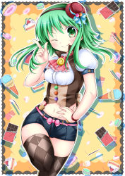 Rule 34 | 00s, 1girl, bad id, bad pixiv id, breasts, cake, cake slice, candy, chocolate, chocolate bar, doughnut, food, fruit, green eyes, green hair, gumi, hand on own hip, highres, ice cream, ice cream cake, ice cream cone, inumine aya, macaron, matching hair/eyes, medium breasts, midriff, navel, one eye closed, pocky, short hair with long locks, short shorts, shorts, solo, strawberry, strawberry shortcake, thighhighs, tongue, tongue out, vocaloid, wink