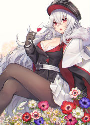 Rule 34 | 1girl, :o, alcohol, arm at side, azur lane, black hat, black jacket, breasts, brown gloves, brown pantyhose, capelet, cleavage, coyucom, cross, crossed legs, cup, drinking glass, feet out of frame, flower, flower request, fur-trimmed capelet, fur trim, gloves, graf zeppelin (azur lane), hair between eyes, hat, holding, holding cup, holding drinking glass, iron cross, jacket, long hair, long sleeves, looking at viewer, medium breasts, military, military uniform, miniskirt, open mouth, pantyhose, pleated skirt, red eyes, shirt, silver hair, simple background, skirt, sleeve cuffs, solo, tsurime, uniform, very long hair, white background, white capelet, white shirt, wine
