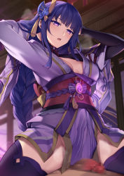 Rule 34 | 1boy, 1girl, arms behind head, arms up, blurry, blurry background, braid, braided ponytail, breasts, bridal gauntlets, censored, cleavage, clothed female nude male, cowboy shot, cowgirl position, genshin impact, girl on top, grinding, hair ornament, hetero, highres, japanese clothes, kimono, lips, long hair, long sleeves, looking at another, low-braided long hair, low-tied long hair, medium breasts, mole, mole under eye, mosaic censoring, neck ribbon, no bra, nude, obi, off shoulder, open clothes, parted lips, penis, purple eyes, purple hair, purple kimono, purple theme, purple thighhighs, pussyjob, raiden shogun, red ribbon, ribbon, sash, shrug (clothing), single braid, sitting, sitting on person, solo focus, straddling, thigh sex, thighhighs, thighs, tsuki tokage, tsurime, very long hair, vision (genshin impact), wide sleeves