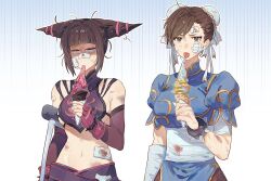 2girls bandaid bandaid_on_face bare_shoulders black_hair black_pantyhose blue_dress breasts brown_hair capcom china_dress chinese_clothes chun-li cowboy_shot dress hair_horns han_juri holding holding_ice_cream_cone ice_cream_cone injury medium_breasts multiple_girls pantyhose street_fighter tongue tongue_out yumi_xsh