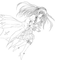 Rule 34 | 00s, 1girl, boots, bridal garter, frilled sleeves, frills, greyscale, hairband, high heels, knee boots, lineart, lolita hairband, long hair, long sleeves, looking at viewer, monochrome, puffy long sleeves, puffy sleeves, rozen maiden, simple background, solo, suigintou, vermisste, very long hair, white background