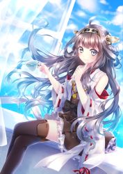 Rule 34 | 10s, 1girl, bare shoulders, boots, brown hair, cup, curtains, detached sleeves, double bun, finger to own chin, hairband, japanese clothes, kantai collection, kongou (kancolle), long hair, nontraditional miko, ribbon-trimmed sleeves, ribbon trim, riichu, skirt, smile, solo, teacup, thigh boots, thighhighs, window