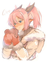 Rule 34 | 10s, 1girl, 2013, blue eyes, blush, box, breath, coat, dated, earrings, fur trim, heart, hood, hood down, horns, jewelry, lilim (shingeki no bahamut), mel/a, mittens, pink hair, pointy ears, red mittens, shingeki no bahamut, short twintails, signature, solo, turtleneck, twintails, upper body, white background, winter clothes, winter coat