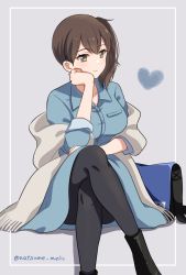 Rule 34 | 1girl, alternate costume, alternate legwear, blue dress, breast pocket, breasts, brown eyes, brown hair, casual, commentary request, dress, gradient background, grey background, hair between eyes, heart, jacket, kaga (kancolle), kantai collection, long sleeves, medium breasts, natsume (natsume melio), pantyhose, pocket, short sidetail, side ponytail, sitting, smile, solo, twitter username, white jacket