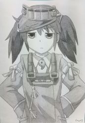 Rule 34 | 10s, 1girl, absurdres, graphite (medium), greyscale, hands on own hips, highres, japanese clothes, kantai collection, kariginu, koutetunamekuji, magatama, monochrome, pout, ryuujou (kancolle), signature, solo, traditional media, twintails, upper body, visor cap
