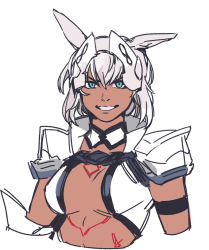 Rule 34 | 1girl, animal ears, armband, blue eyes, breasts, caenis (fate), cropped arms, cropped torso, dark-skinned female, dark skin, fate/grand order, fate (series), grin, hair between eyes, highres, idk-kun, looking at viewer, medium breasts, short hair, simple background, sketch, smile, solo, upper body, white background, white hair