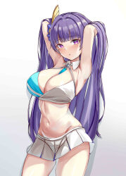 Rule 34 | 1girl, absurdres, alternate costume, armpits, arms up, bare shoulders, blunt bangs, breasts, cleavage, commentary request, cowboy shot, crop top, genshin impact, gradient background, grey background, groin, hair ornament, highres, kanesada dp, large breasts, long hair, midriff, miniskirt, mole, mole under eye, navel, pleated skirt, purple eyes, purple hair, raiden shogun, skirt, solo, standing, stomach, thighs, very long hair, white background, white skirt