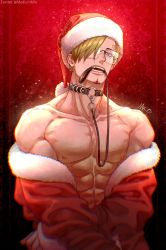 Rule 34 | 1boy, abs, animal collar, bare pectorals, bare shoulders, bespectacled, blonde hair, blue eyes, collar, collarbone, fangs, fur-trimmed jacket, fur-trimmed sleeves, fur trim, glasses, hair over one eye, half-closed eye, hat, highres, holding, holding leash, jacket, leash, long sleeves, looking at viewer, male focus, mouth hold, mrs.custard, muscular, muscular male, nipples, off shoulder, one piece, open clothes, open jacket, pectorals, pom pom (clothes), rectangular eyewear, rimless eyewear, sanji (one piece), santa hat, short hair, solo, stomach, teeth hold, twitter username, upper body