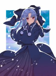 Rule 34 | 1girl, blue bow, blue capelet, blue dress, blue hair, bow, capelet, closed mouth, commentary request, dress, empty eyes, hair bow, hand up, highres, len (tsukihime), long hair, long sleeves, looking at viewer, matsuoka (mtok 0), parted bangs, pleated dress, pom pom (clothes), purple ribbon, red eyes, ribbon, snowing, solo, tsukihime