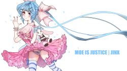 Rule 34 | 1girl, blue hair, blush, female focus, highres, jinx (league of legends), league of legends, lolita fashion, long hair, md5 mismatch, pink eyes, ribbon, simple background, skirt, solo, tattoo, thighhighs, twintails, underwear