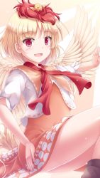 Rule 34 | 1girl, :d, bird, bird tail, bird wings, blonde hair, chick, commentary request, highres, looking at viewer, lzh, niwatari kutaka, open mouth, outstretched arm, puffy sleeves, red eyes, red hair, short hair, simple background, smile, solo, tail, touhou, white background, wings