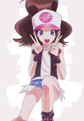 Rule 34 | 1girl, :d, absurdres, baseball cap, black vest, blue eyes, boots, brown hair, commentary request, creatures (company), denim, denim shorts, double v, enamo (dcah), eyelashes, game freak, hands up, hat, high ponytail, highres, hilda (pokemon), knees, leg up, long hair, looking at viewer, nintendo, open mouth, pokemon, pokemon bw, shirt, short shorts, shorts, sidelocks, sitting, sleeveless, sleeveless shirt, smile, socks, solo, teeth, tongue, upper teeth only, v, vest, white shirt, wristband