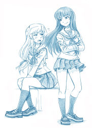 Rule 34 | 2girls, bbb (friskuser), between legs, blue theme, blunt bangs, comic, commentary request, crossed arms, embarrassed, flying sweatdrops, girls und panzer, hand between legs, highres, long hair, long sleeves, monochrome, multiple girls, neckerchief, nishizumi shiho, ooarai school uniform, open mouth, own hands together, pleated skirt, school uniform, serafuku, shimada chiyo, shoes, sidelocks, sitting, skirt, smile, socks, standing, traditional media