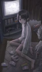 Rule 34 | 1girl, backlighting, bags under eyes, barefoot, black hair, can, collared shirt, controller, crt, curtains, female focus, game cartridge, game console, game controller, hair ornament, highres, iwakura lain, looking at viewer, magan0301, nintendo 64, nintendo 64 controller, serial experiments lain, shirt, sitting, solo, static, television, x hair ornament