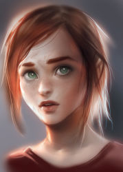 Rule 34 | 1girl, brown hair, ellie (the last of us), gradient background, green eyes, lips, long hair, naughty dog, nose, realistic, sakimichan, short hair, solo, the last of us, the last of us (series)