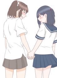 Rule 34 | 10s, 2girls, ^ ^, alternate hairstyle, bad id, bad pixiv id, black hair, blue skirt, brown hair, closed eyes, contemporary, dress shirt, female focus, grin, holding hands, ise (kancolle), kantai collection, multiple girls, pleated skirt, ponytail, red eyes, school uniform, scrunchie, serafuku, shirt, simple background, skirt, smile, standing, udon (shiratama), white background, white shirt, yamashiro (kancolle), yuri