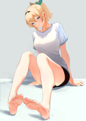 Rule 34 | 1girl, alternate costume, bare legs, barefoot, black hairband, black shorts, blonde hair, blue eyes, blush, breasts, closed mouth, cohi27151463, commentary, double-parted bangs, feet, full body, grey background, hair ornament, hairband, highres, hololive, kazama iroha, leaf hair ornament, looking at viewer, medium breasts, medium hair, ponytail, shirt, short shorts, short sleeves, shorts, simple background, sitting, smile, soles, solo, toes, virtual youtuber, white shirt