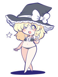 Rule 34 | 1girl, bare legs, bikini, black bikini, blonde hair, blush, bow, bowtie, chahan (fried rice0614), hat, highres, kirisame marisa, looking at viewer, one eye closed, open mouth, shadow, star (symbol), swimsuit, touhou, v, white background, white bow, white bowtie, witch hat, yellow eyes