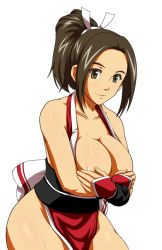 Rule 34 | 1girl, breasts, brown eyes, brown hair, cleavage, covering privates, covering breasts, fatal fury, gloves, japanese clothes, pelvic curtain, ponytail, shiranui mai, snk, solo, the king of fighters, yas