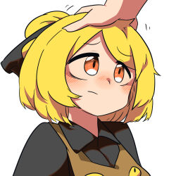 Rule 34 | 1girl, 1other, black bow, black shirt, blonde hair, blush, bow, brown dress, brown eyes, closed mouth, collared shirt, commentary request, dress, extra eyes, frown, hair bow, hair bun, headpat, highres, kurodani yamame, pinafore dress, rinyamame, shirt, short hair, simple background, sleeveless dress, solo focus, touhou, upper body, white background