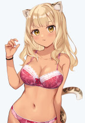 Rule 34 | 1girl, animal ears, blonde hair, blush, bra, breasts, cleavage, fang, fang out, gyaru, hair tie, hand up, highres, kawagami raito, lace, lace bra, lace panties, large breasts, leopard ears, leopard girl, leopard tail, lingerie, looking at viewer, nail polish, navel, original, panties, solo, tail, tan, underwear, underwear only, yellow eyes
