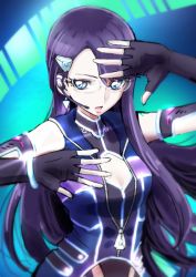 Rule 34 | 1girl, black gloves, blue eyes, breasts, cleavage, cleavage cutout, clothing cutout, elbow gloves, fingerless gloves, floating hair, glasses, gloves, hair ornament, hairclip, heartcatch precure!, long hair, medium breasts, microphone, open mouth, partially unzipped, precure, purple hair, rimless eyewear, solo, tsukikage oyama, tsukikage yuri, upper body, very long hair