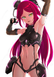 Rule 34 | 1girl, action taimanin, armpits, arms up, breasts, elbow gloves, fishnets, gloves, glowing, highres, impossible clothes, long hair, looking at viewer, navel, ocza, open mouth, parted bangs, red hair, revealing clothes, shiny clothes, shiny skin, simple background, solo, standing, su jinlei, taimanin (series), taimanin suit, white background, yellow eyes