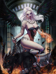 Rule 34 | 1girl, chain, collarbone, fangs, fire, highres, horns, lipstick, long hair, looking at viewer, magic, makeup, mbguman, pale skin, puma, purple eyes, red lips, skull, solo, tattoo, whiskers, white hair