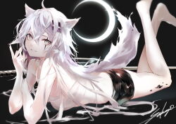 Rule 34 | 1girl, absurdres, animal ears, arknights, bare shoulders, highres, lappland (arknights), long hair, looking at viewer, material growth, no bra, oripathy lesion (arknights), sakusyo, shorts, smile, solo, white hair, yellow eyes
