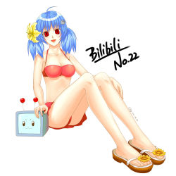 Rule 34 | 1girl, :3, ahoge, alternate hairstyle, antennae, bikini, bili girl 22, bilibili, blue hair, breasts, cissy, cleavage, damoxueya, flower, frilled swimsuit, frills, hair flower, hair ornament, highres, long hair, mascot, open mouth, red bikini, red eyes, sandals, signature, simple background, sitting, solo, swimsuit, television, twintails, white background
