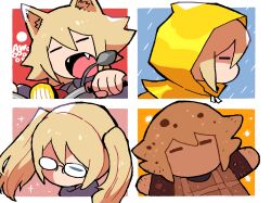 Rule 34 | 1girl, animal ears, awooo, blonde hair, brown sweater, closed eyes, commentary request, fangs, foodification, gameplay mechanics, glasses, handlebar, highres, hood, hood up, hooded coat, long sleeves, medium hair, multiple views, no mouth, open mouth, outside border, profile, rain, raincoat, sparkle, sweater, turtleneck, turtleneck sweater, twintails, urotsuki, wolf ears, yellow raincoat, yume 2kki