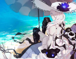 Rule 34 | 10s, 1girl, abyssal ship, arm support, armor, armored boots, bad id, bare shoulders, beach, beach umbrella, black gloves, black thighhighs, blue eyes, boots, breasts, colored skin, day, dress, flower, from behind, gloves, glowing, glowing eyes, hair over one eye, hat, hat flower, kantai collection, kuroduki, kuroduki (pieat), large breasts, light smile, long hair, looking at viewer, ocean, seaport summer princess, sitting, solo, sun hat, sundress, thigh boots, thighhighs, umbrella, white dress, white hair, white hat, white skin