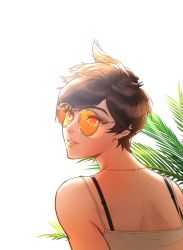 Rule 34 | 1girl, bare shoulders, bespectacled, brown hair, ear piercing, ecila, freckles, from behind, glasses, highres, jewelry, leaf, looking away, makeup, mascara, necklace, overwatch, overwatch 1, parted lips, piercing, pink lips, plant, round eyewear, short hair, shoulder blades, simple background, sleeveless, solo, spiked hair, strap, teeth, tracer (overwatch), upper body, white background, yellow eyes