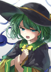 Rule 34 | 1girl, absurdres, blush, commentary request, crying, crying with eyes open, ei tantan, furrowed brow, green eyes, green hair, hair between eyes, hat, hat ribbon, highres, holding own arm, komeiji koishi, long sleeves, lower teeth only, open mouth, ribbon, shawl, shirt, short hair, solo, tears, teeth, third eye, touhou, upper body, upper teeth only, wide sleeves, yellow neckwear, yellow ribbon, yellow shirt