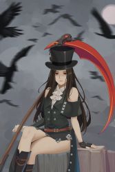 Rule 34 | 1boy, absurdres, androgynous, bare shoulders, belt, bird, black hair, boots, crow, fingerless gloves, gloves, goth fashion, guilty gear, hat, highres, long hair, pale skin, quatthro, red eyes, scythe, shaded face, testament (guilty gear), thighs, top hat, trap