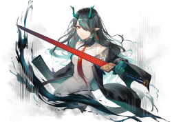 Rule 34 | 1girl, absurdres, arknights, beads, bigchun, black hair, black jacket, breasts, chinese commentary, closed mouth, colored skin, cowboy shot, dragon horns, dress, dusk (arknights), earrings, green hair, green skin, hair between eyes, hair over one eye, highres, holding, holding sword, holding weapon, horns, jacket, jewelry, lips, long hair, looking at viewer, medium breasts, multicolored hair, multicolored skin, off shoulder, open clothes, open jacket, originium arts (arknights), pointy ears, prayer beads, red eyes, red neckwear, simple background, sleeveless, sleeveless dress, solo, streaked hair, sword, tassel, tassel earrings, taut clothes, taut dress, two-sided fabric, two-sided jacket, two-tone hair, weapon, white background, white dress, wing collar