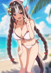 Rule 34 | 1girl, absurdres, alternate costume, animal ears, beach, beret, bikini, black bikini, black hair, blue bow, blue sky, blunt bangs, blurry, blurry background, blush, bow, bow bikini, braid, breasts, cleavage, cloud, collarbone, commentary request, day, depth of field, ear bow, ear covers, embarrassed, feet out of frame, front-tie bikini top, front-tie top, gluteal fold, groin, hair between eyes, hair bobbles, hair ornament, halterneck, hand on own thigh, hand up, hat, highres, hokko tarumae (umamusume), horse ears, horse girl, horse tail, large breasts, layered bikini, leaning forward, long hair, looking at viewer, low twin braids, multicolored hair, navel, newon, ocean, open mouth, orange bow, outdoors, palm leaf, purple eyes, raised eyebrows, red bow, ribbon, sand, side-tie bikini bottom, sidelocks, sky, solo, standing, star (symbol), streaked hair, string bikini, striped bow, striped hair, sweat, swimsuit, tail, thigh gap, thighs, twin braids, two-tone bow, umamusume, v, very long hair, water, white bikini, white hair, white hat