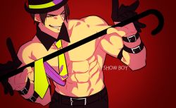Rule 34 | 1boy, abs, bad id, bad pixiv id, brown hair, detached collar, english text, gloves, half gloves, hat, highres, hohehohe, kusanagi kyou, male focus, muscular, necktie, red background, topless male, solo, the king of fighters, yellow eyes