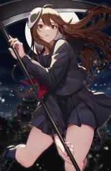 Rule 34 | 1girl, absurdres, ahoge, black footwear, black serafuku, black shirt, black skirt, blurry, blurry background, brown eyes, brown hair, cityscape, commission, copyright request, hair between eyes, highres, holding, holding weapon, long hair, looking at viewer, moon, neckerchief, night, night sky, pleated skirt, polearm, sailor collar, school uniform, scythe, serafuku, shirt, shoes, skeb commission, skirt, sky, solo, thighhighs, wakahiko, weapon