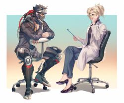 Rule 34 | 1boy, 1girl, bad id, bad twitter id, black hair, blackwatch genji, blonde hair, blue eyes, chair, cyborg, dr. ziegler (overwatch), genji (overwatch), hage2013, holding, holding mask, looking at another, mask, mercy (overwatch), official alternate costume, on chair, overwatch, overwatch 1, short hair, simple background, spiked hair