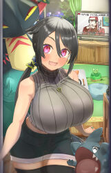 Rule 34 | 1girl, aged up, alternate breast size, alternate color, applin, bare arms, bare shoulders, black hair, blush, breasts, brown sweater, creatures (company), curvy, dragapult, dreepy, game freak, gen 4 pokemon, gen 8 pokemon, gible, hair between eyes, highres, hizakake, huge breasts, indoors, jewelry, looking at viewer, maxie (pokemon), necklace, nintendo, open mouth, pokemon, pokemon (creature), pokemon oras, ponytail, purple eyes, ribbed sweater, ring, shiny pokemon, short shorts, shorts, sleeveless, sleeveless turtleneck, smile, straddling, sweater, swept bangs, taut sweater, team magma, television, thighhighs, thighs, turtleneck, turtleneck sweater, zinnia (pokemon)