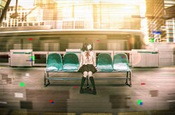 Rule 34 | 1girl, arms at sides, bench, black footwear, black skirt, black socks, brown hair, closed mouth, collared shirt, evening, expressionless, full body, glitch, highres, kneehighs, knees together feet apart, long bangs, long hair, long sleeves, looking to the side, neck ribbon, oka kojiro, original, outdoors, pleated skirt, red ribbon, ribbon, shirt, shirt tucked in, shoes, sidelocks, sitting, skirt, socks, solo, train, train station platform, white shirt, wide shot