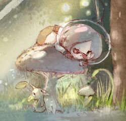 Rule 34 | 1girl, ;o, alien, b spa gyoreva, backpack, bad id, bad pixiv id, bag, brittany (pikmin), dappled sunlight, eyelashes, glasses, gloves, grass, helmet, leaf, looking at another, lying, mushroom, on stomach, one eye closed, open mouth, pikmin (creature), pikmin (series), pink bag, pink gloves, pink hair, pink skirt, pointy ears, radio antenna, red-framed eyewear, shady eyes, short hair, sitting, skirt, space helmet, spacesuit, sunlight, third-party source, tiny, tree, triangular eyewear, yellow pikmin